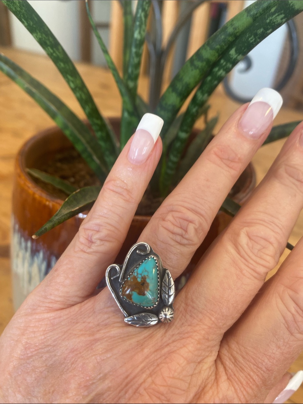 Native American Sterling Silver Turquoise Leaf Statement Ring - Blue Green